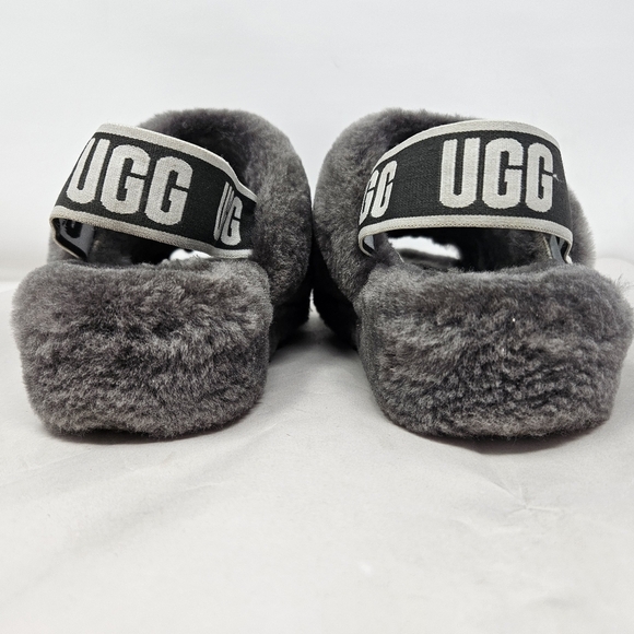 Ugg Womens Fur Slide Gray Fluff Yeah Sz 6 Sheepskin Elastic Heel Logo - Picture 4 of 12